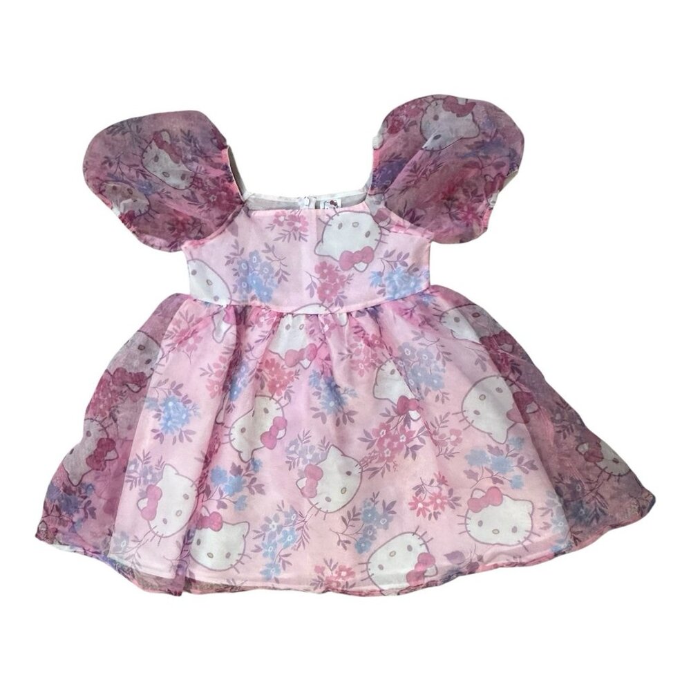 Hello Kitty Pink Floral Party Dress Girls XL 14 Puff Sleeve NWT Sanrio Character